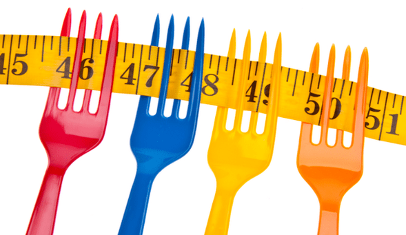 centimeter op vorken symboliseert gewichtsverlies op het Dukan-dieet